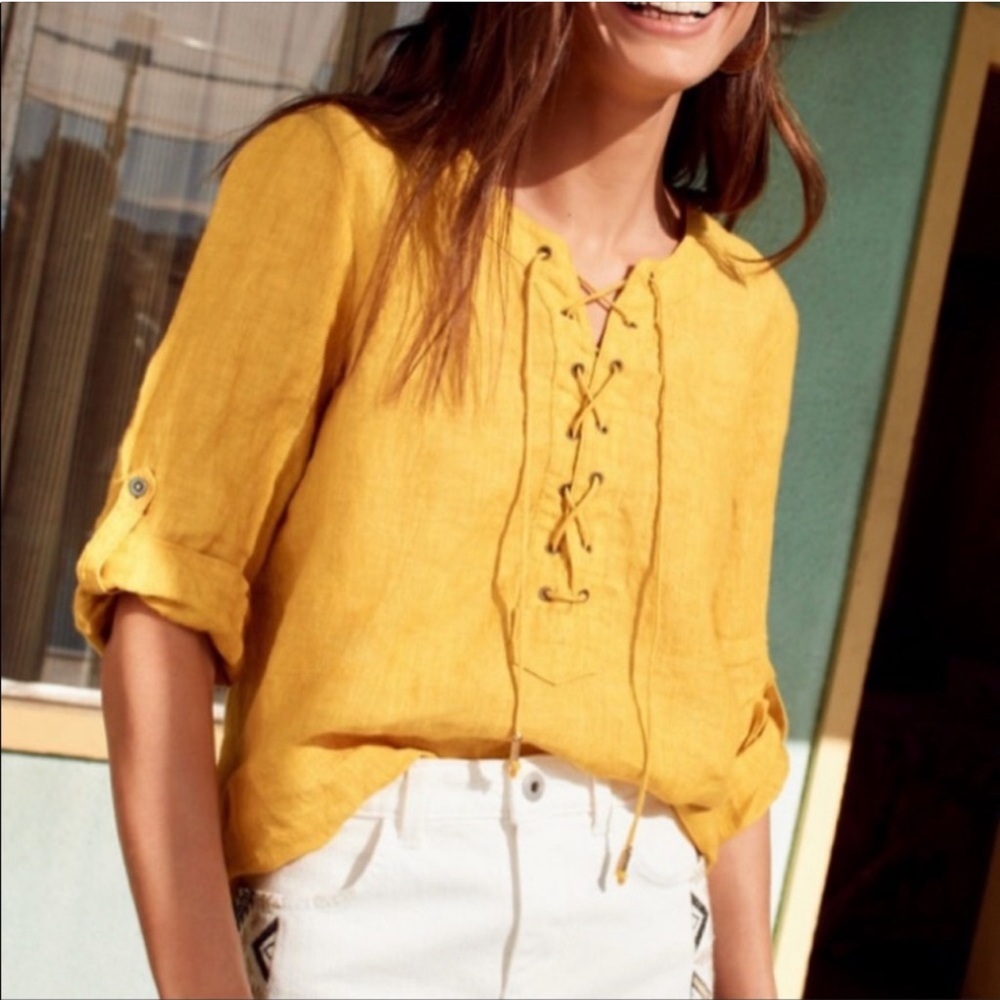 Maeve Mustard Yellow Lace-Up Linen Blouse